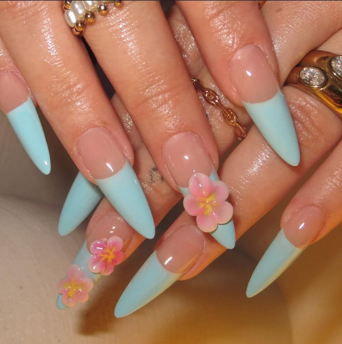 Colorful pastel French manicure close-up